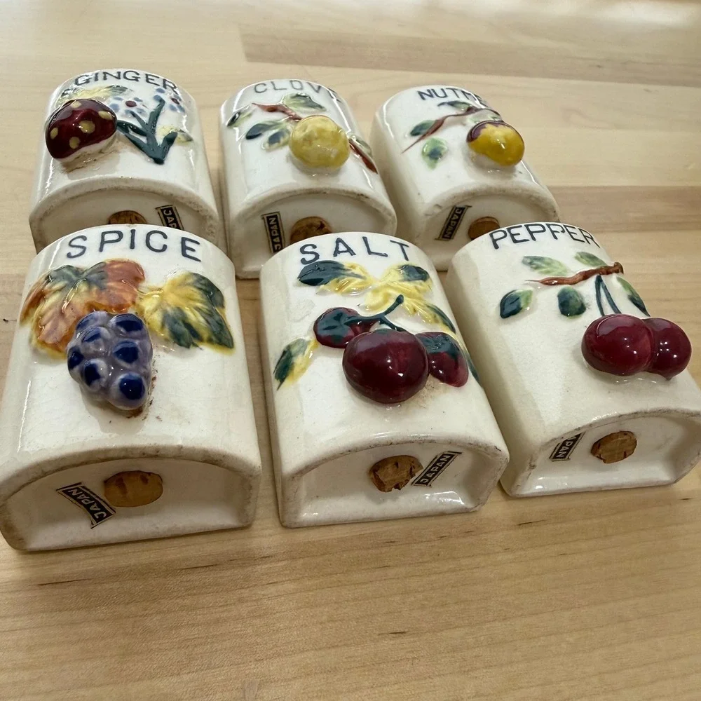 Vintage 50s Japanese Ceramic Hand Painted Fruit Motif Spice Shaker Set Six (6)